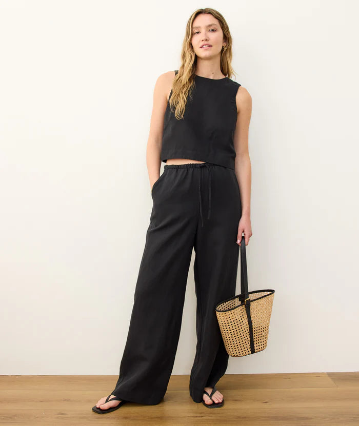 Black Cotton/Linen Blend Wide Leg Drawstring Pocket Pants