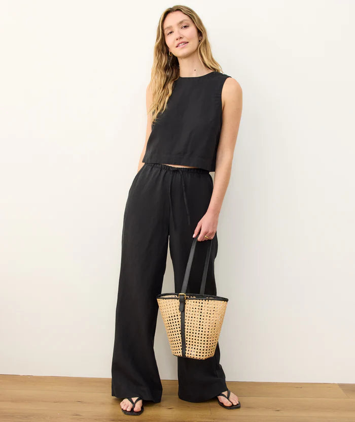 Linen Drawstring Wide Leg Pant - Black