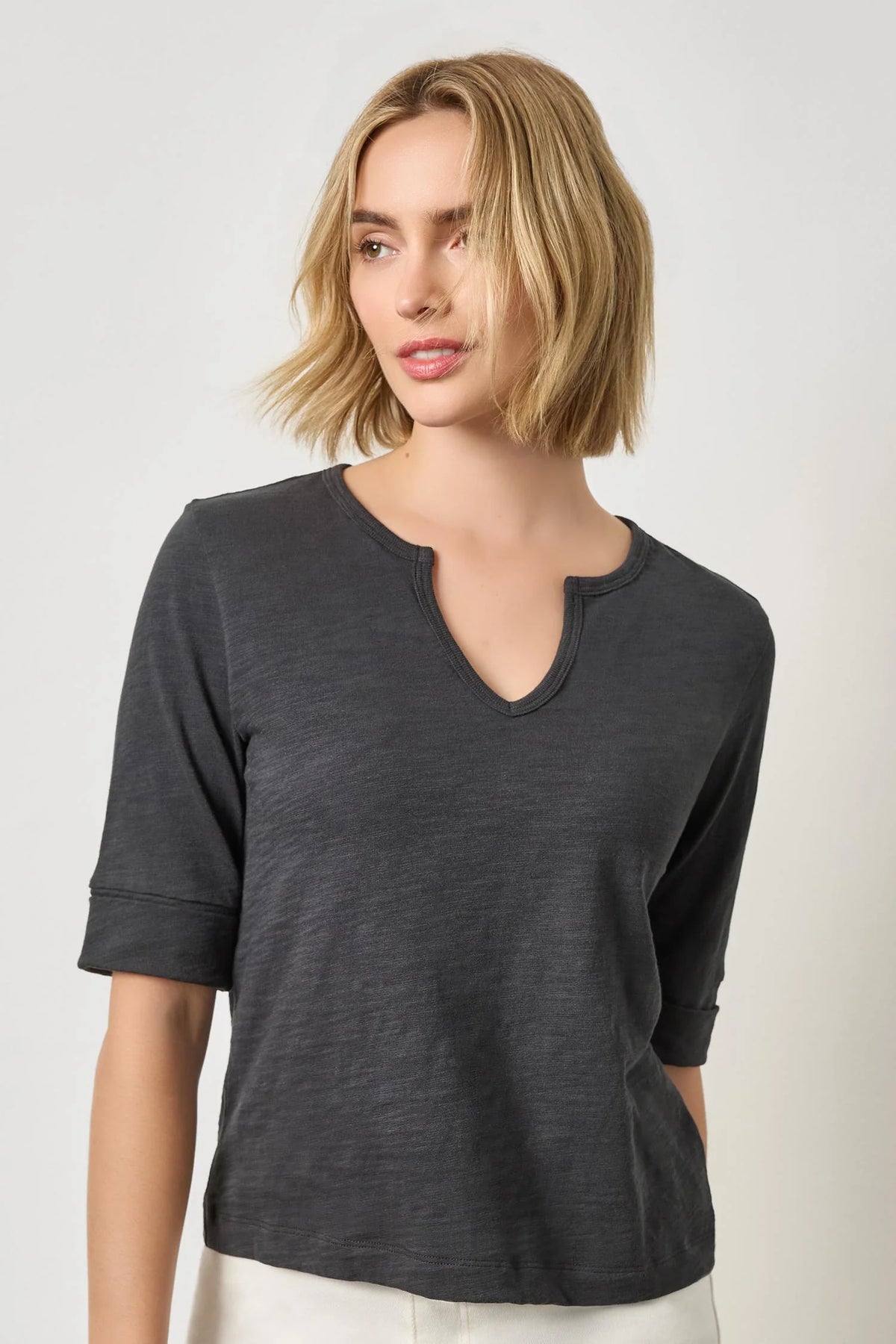 Rib Trim Elbow Split Neck - Black | Shine Boutique Newburyport