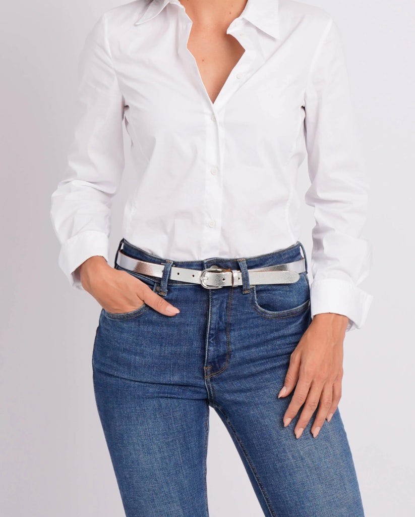 Eva | Metallic Leather Belt - Silver