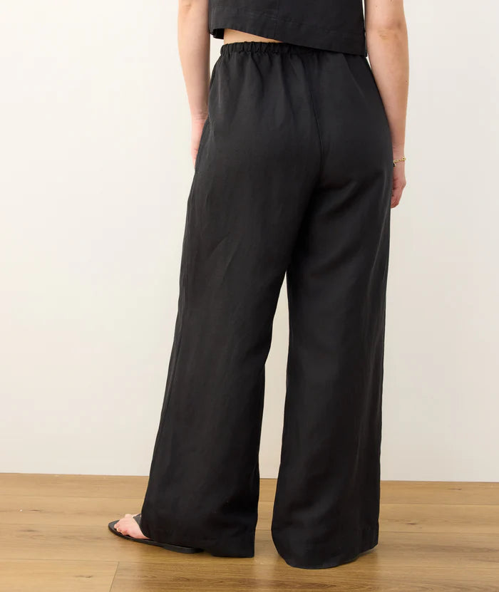 Linen Drawstring Wide Leg Pant - Black