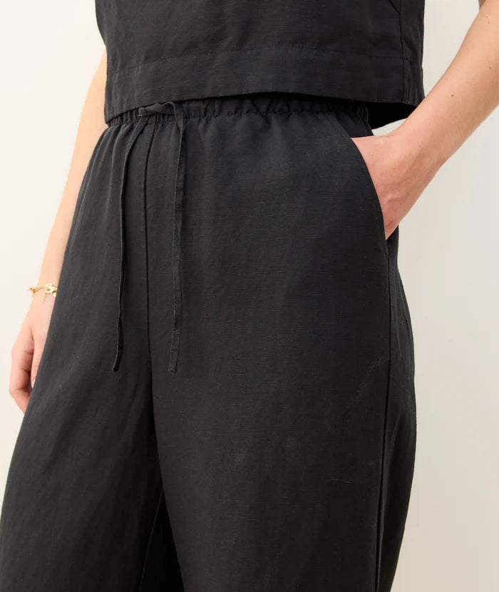 Linen Drawstring Wide Leg Pant - Black
