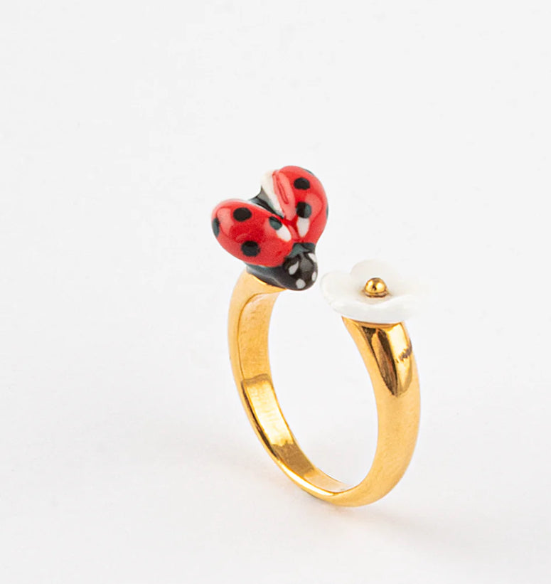 Ladybug & White Flower Face to Face Ring