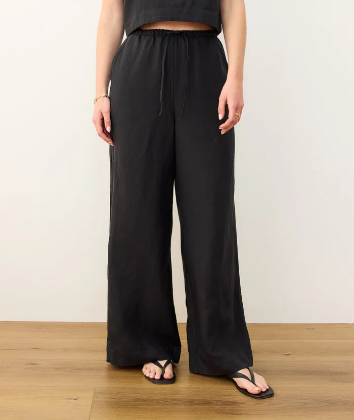 Linen Drawstring Wide Leg Pant - Black