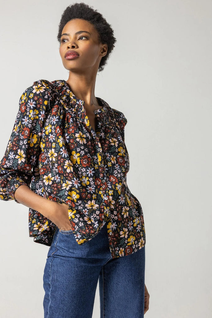 Smocked Cuff Top - Black Floral