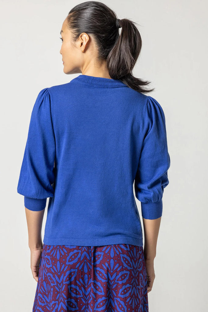 Rib Trim Puff Sleeve Sweater - Cobalt