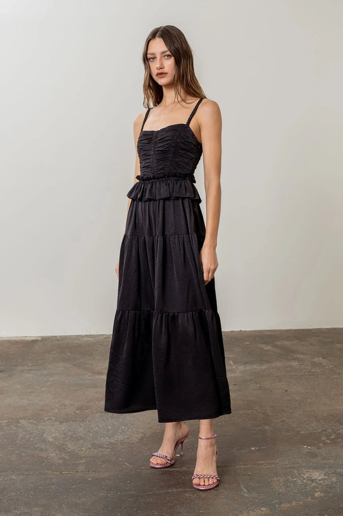 Black Shirred Ruffled Midi Dress