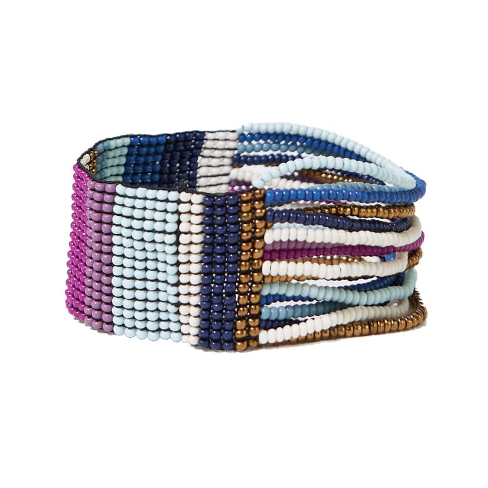 Charlie Vertical Mixed Stripes Half Woven Beaded Stretch Bracelet -  Blue + Lavender
