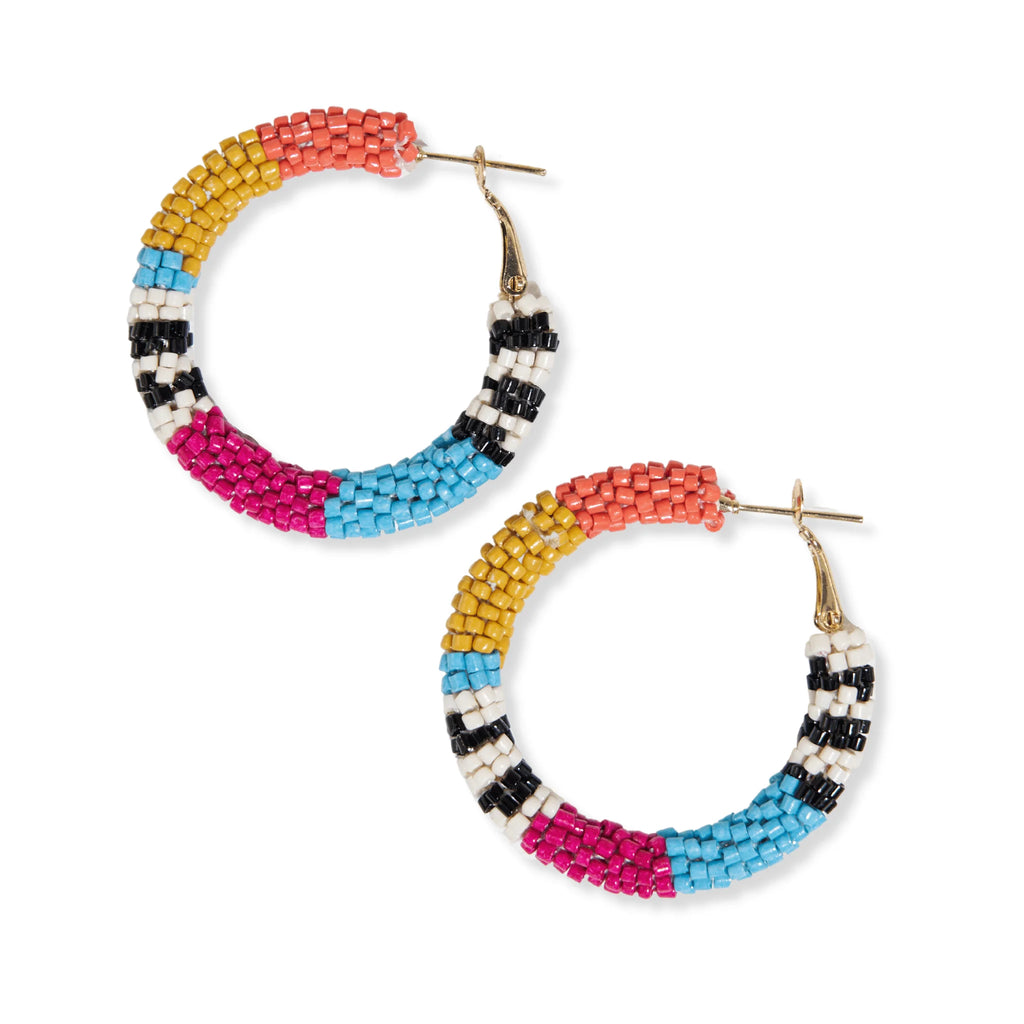 Rosemary Color Block and Stripe Beaded Hoop Earrings Rainbow