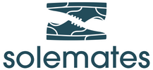 A minimalist logo featuring a stylized pair of sneakers above the word 'solemates' in dark teal on a solid white background.