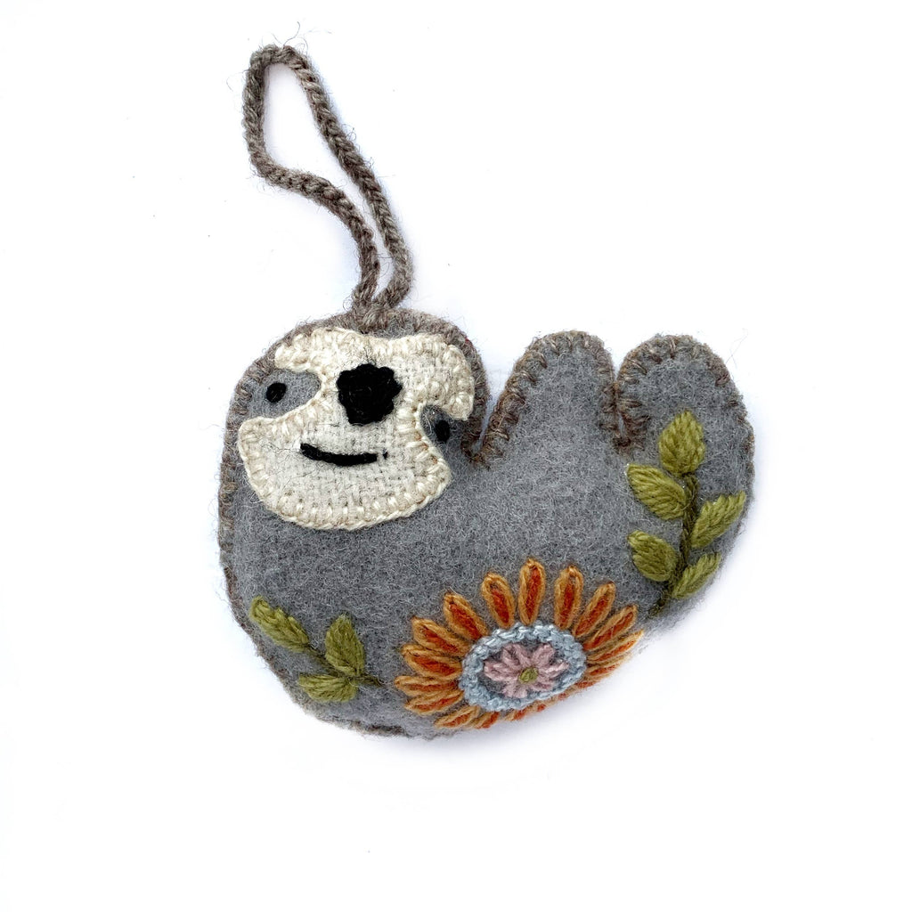 Sloth Embroidered Wool Christmas Ornament