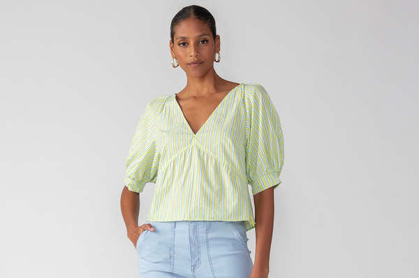 V Neck Poplin Top - Green Energy/White
